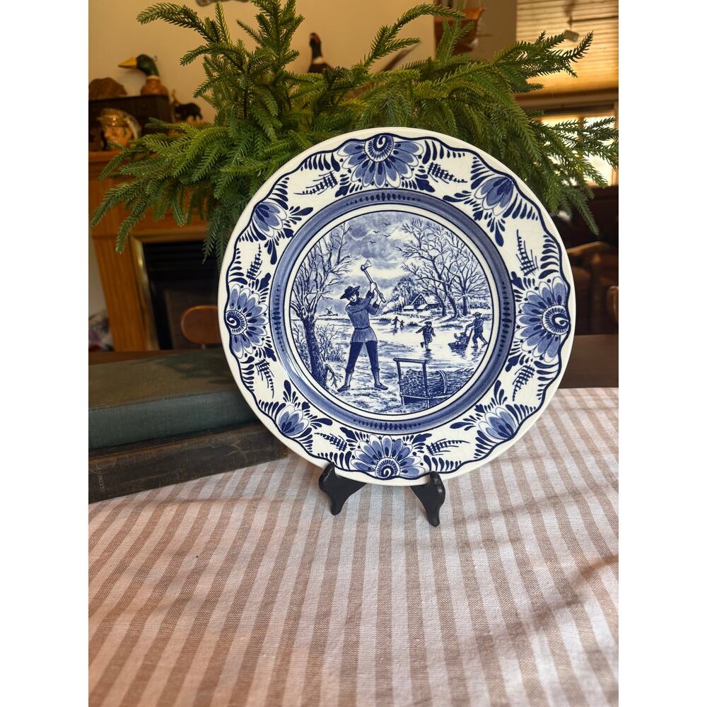 Vintage Blue/White Transferware Winter Scene plate from Luneville Studio France